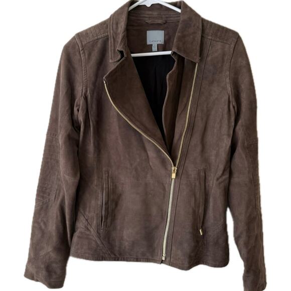 Athleta Helena Suede/Leather Chocolate Brown Biker Asymmetrical Zip Jacket-S - Picture 1 of 9